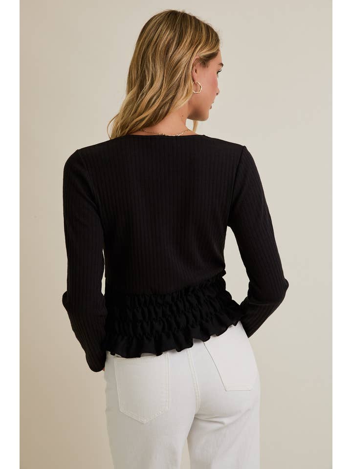 Black V-NECK FRONT TIE LONG SLEEVE TOP for wholesale on Faire2