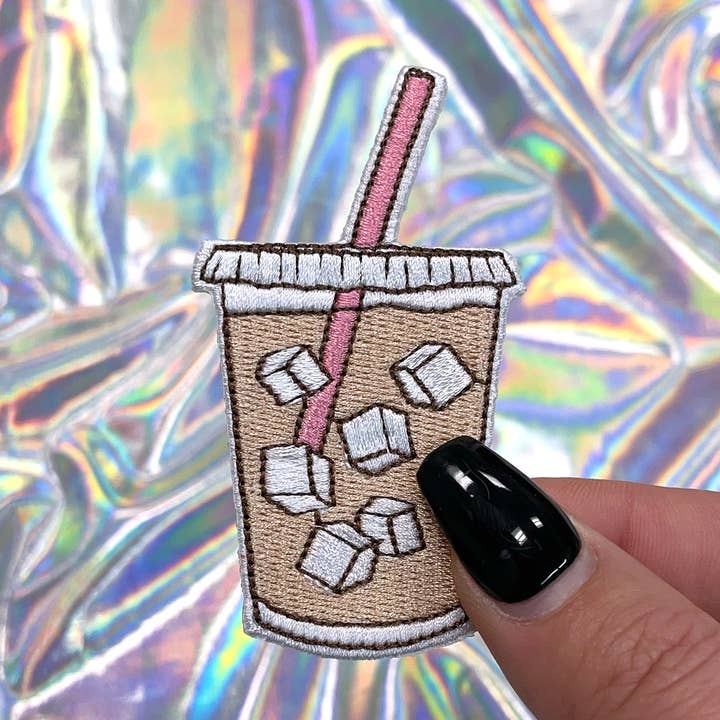 Iced Coffee Embroidered Patch Iron-On for Hats for wholesale by The Crafty Engineer