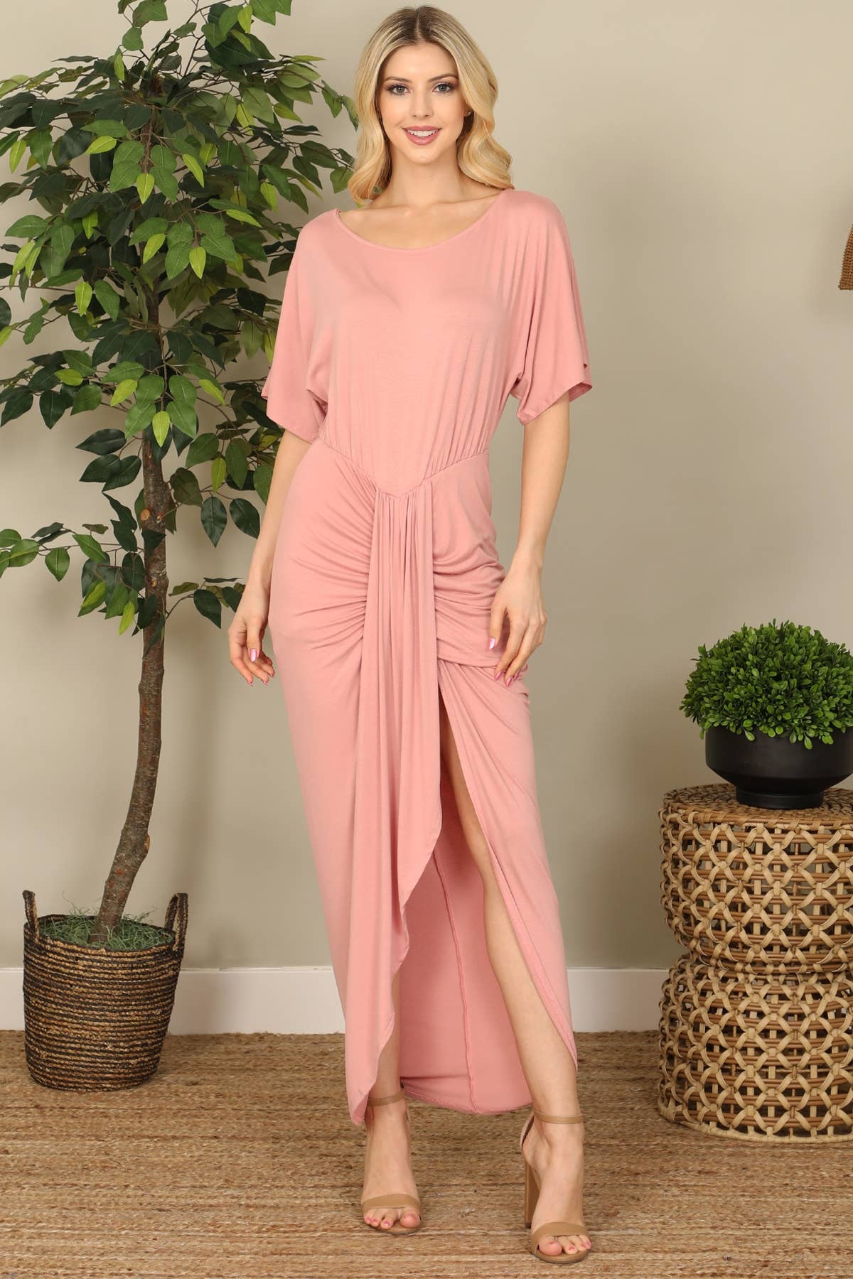 MYS Wholesale Inc - Wholesale Dress - Women's - Ruched Wrap Split Hem Half Sleeve Dress2