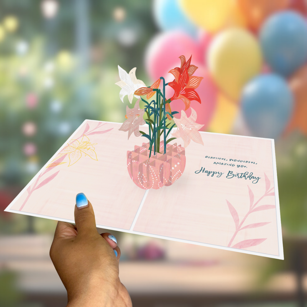 Designer Pop! - Wholesale Birthday Card - Stargazer Lilies 3D Birthday Card Pop-Up Lily Bouquet Design2