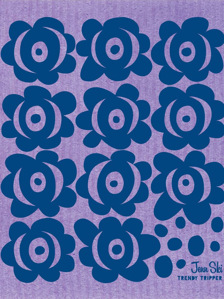 Jenn Ski Swedish Dishcloth - BLOMMOR Flowers NAVY on Purple for wholesale by Trendy Tripper