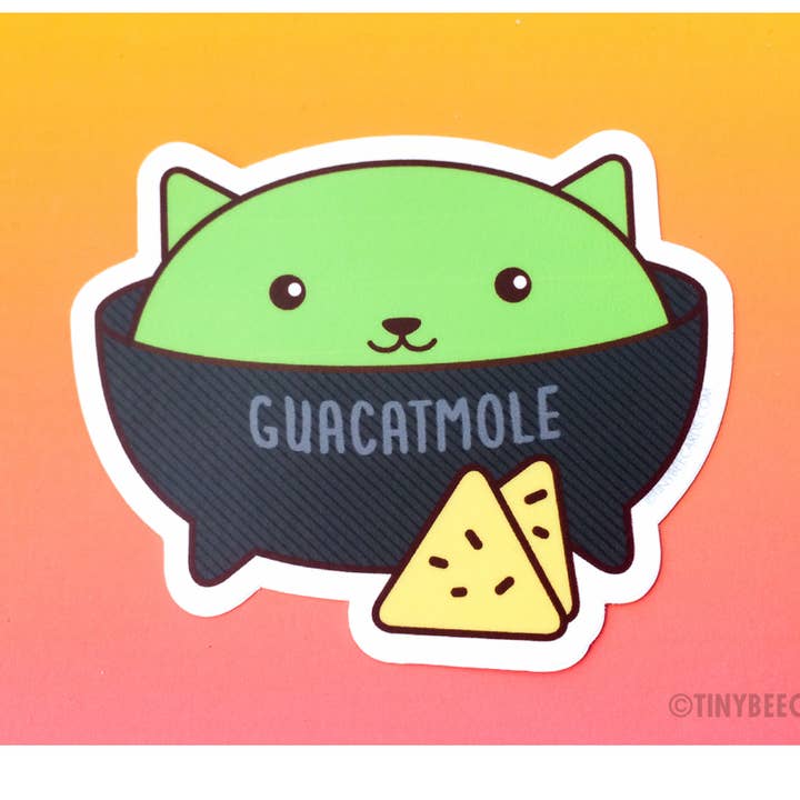 Guacamole Cat Vinyl Sticker "Guacatmole" for wholesale by Tiny Bee Cards