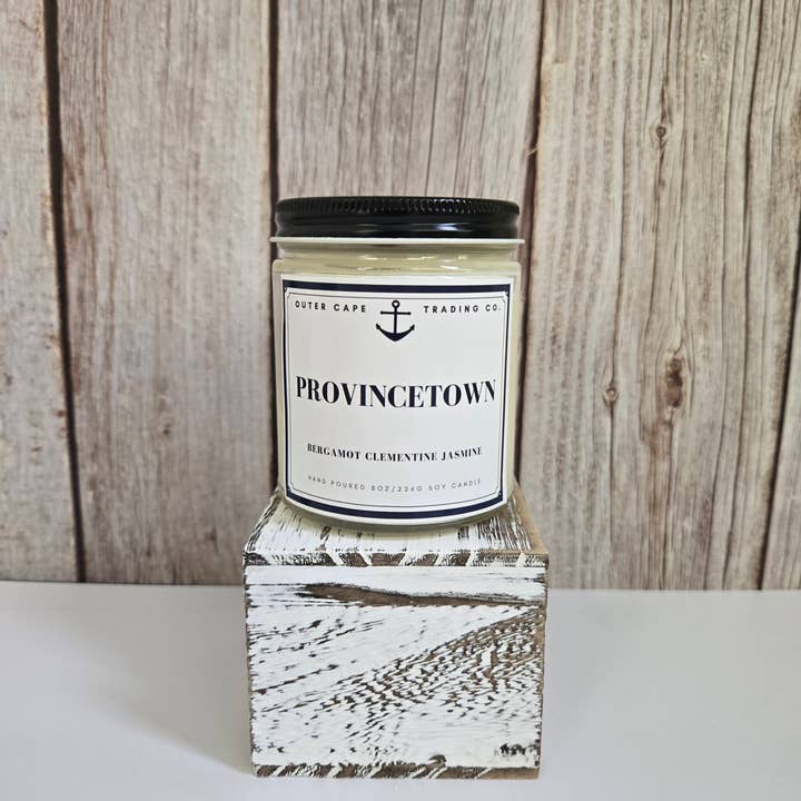Provincetown Cape Cod Soy Wax Crackling Wooden Wick Candle bulk wholesale for wholesale by Outer Cape Trading Company