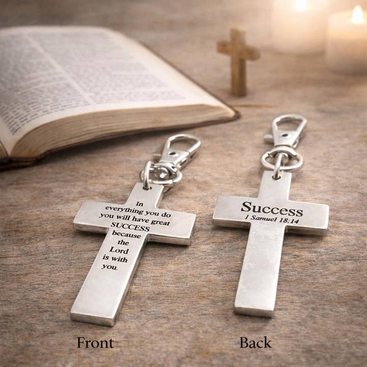 Success Scripture Cross Clip On Charm Stainless Steel Faith Gift Christian Bag Charm Bible Verse Inspirational Religious Accessory for wholesale by JKCE Designs