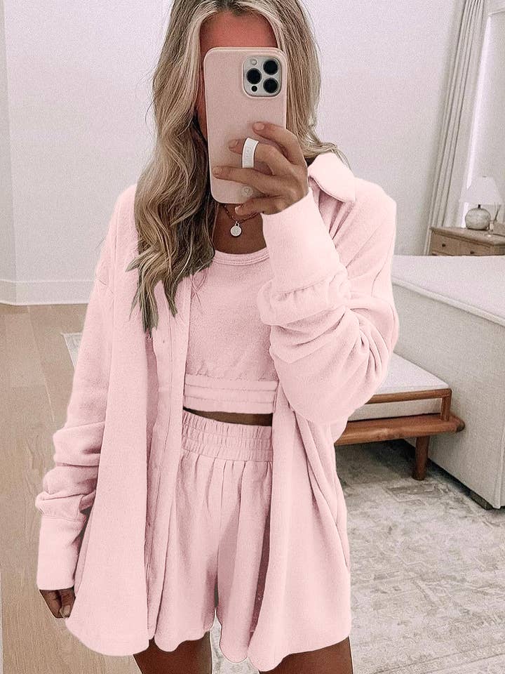 Babs + Birdie - Wholesale Lounge Set - Women's - Sheridan | 3 Pcs Crop Tank Shorts with Cardigan Lounge Set14