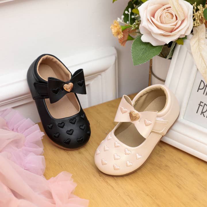 Toddler/Kids Girl Heart-shaped Embroidered Bow Leather Shoes for wholesale by PatPat