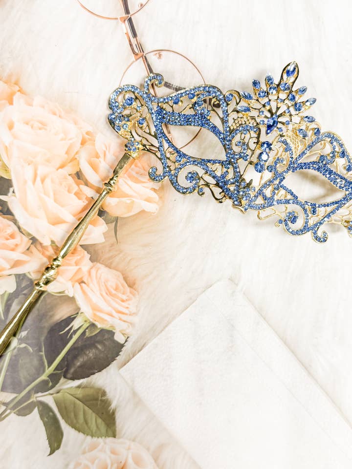 Happy Dream Gifts – wholesale Dräkt – Dam – Blå sten handhållen maskeradmask, guldmaskeradmask