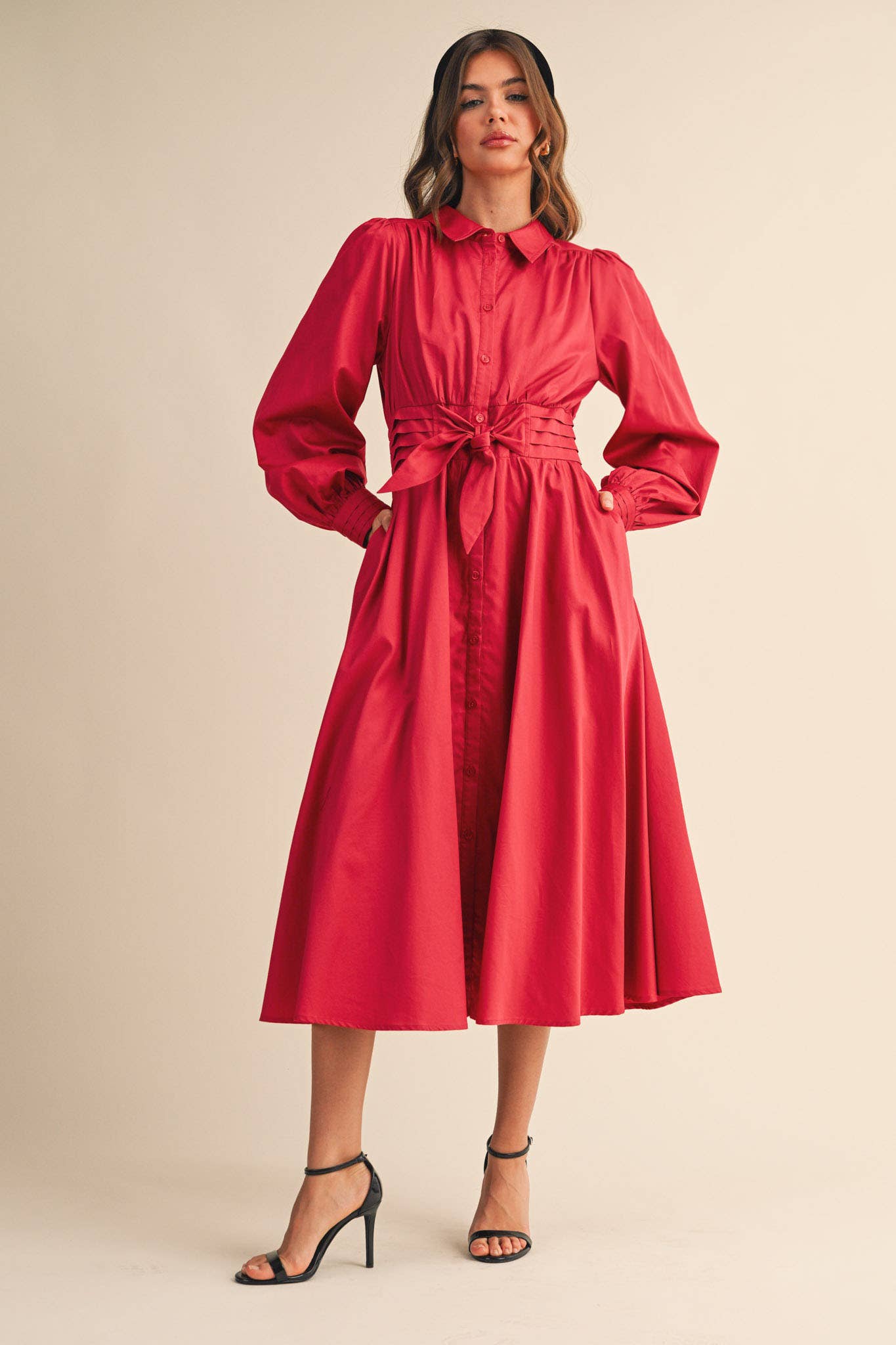 &MERCI - Wholesale Dress - Women's - PINTUCK WAIST TIE FRONT MIDI DRESS MDR421925