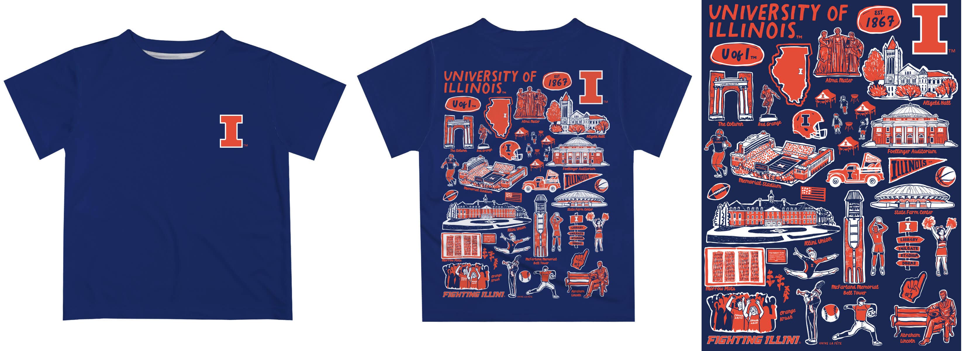 Vive La Fete - Wholesale Screen Printed T-Shirt - Kids - Illinois Fighting Illini Hand Sketched Impressions T-Shirt1