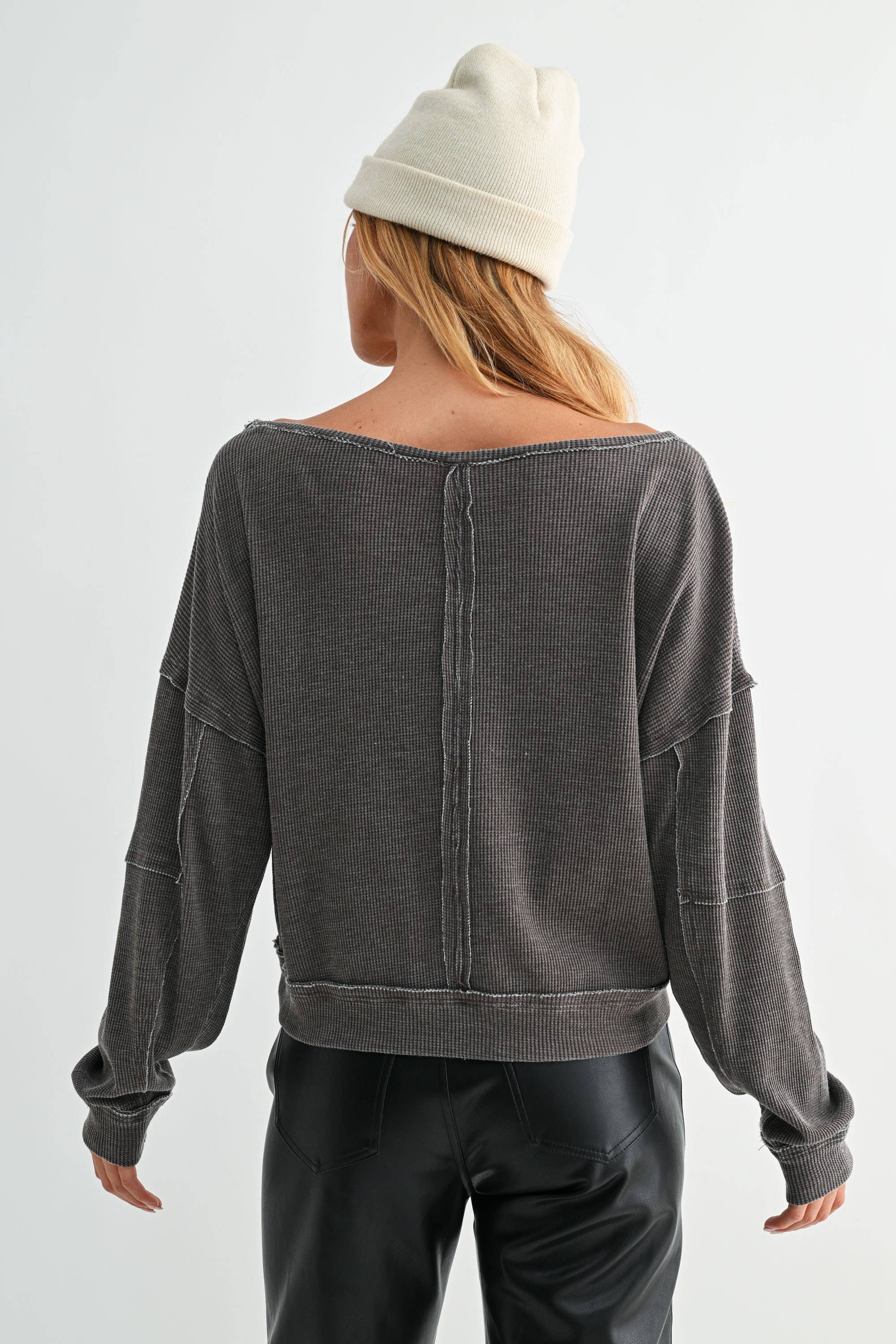 Mono B - Wholesale Sweatshirt - Women's - Raw Edge Waffle Knit Boatneck Pullover38
