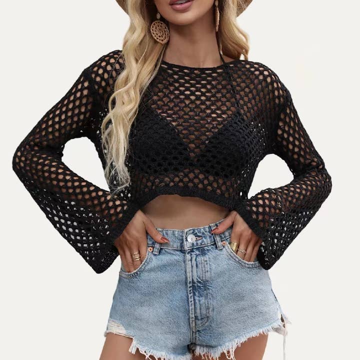 The Moment Collection - Wholesale Swim cover-up – Women’s - Beach Time Sheer Crochet Bell Sleeve Swim Cover Up Top2