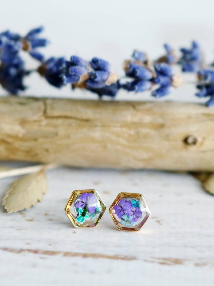 Hexagon Studs - Real Flowers for wholesale by Flora and Forest Jewellery