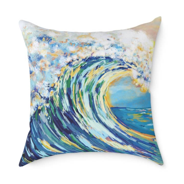 Artistic Ocean Wave Poly Canvas Pillow | Coastal Home Decor for wholesale by Blue Cava