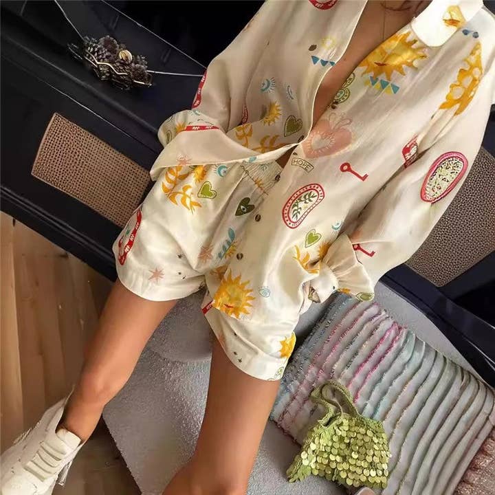 PRINTING Floral Print Long Sleeve Shirt And Shorts Set for wholesale on Faire2