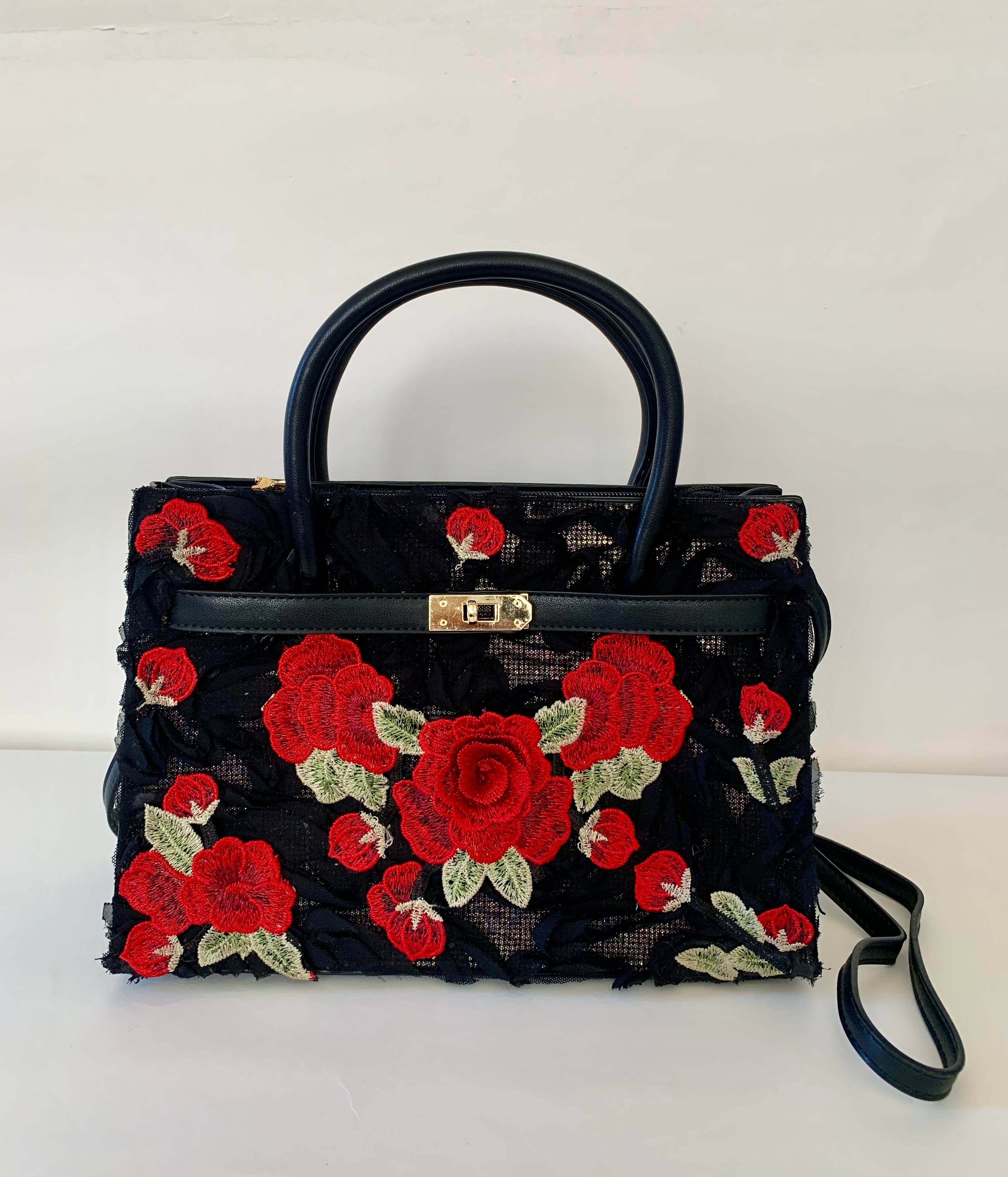 GARELL - Wholesale Satchel - Women's - Black Handbag Purse with Red Floral Embroidery Elegant/