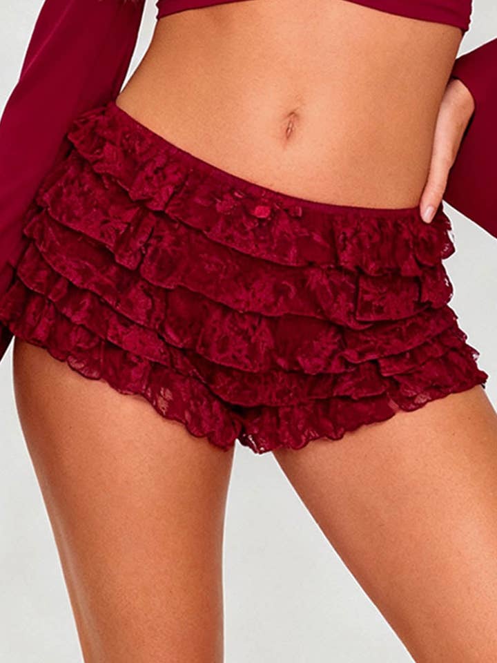 Damen einfarbige gestufte Rüschen-Spitzen-Mesh-Mini-Shorts für den Großhandel von Sweetkama