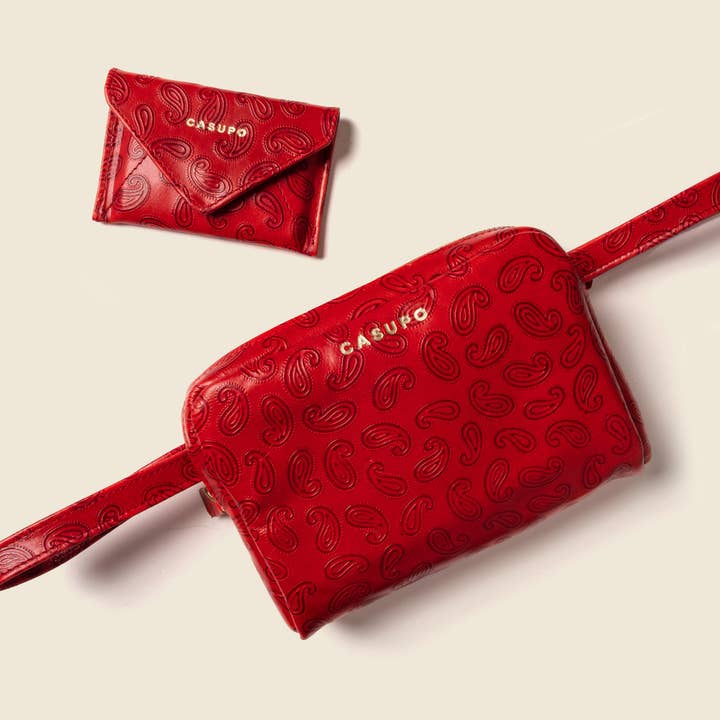 Women's Leather Fanny Pack - Red Paisley Design leather for wholesale by CASUPO