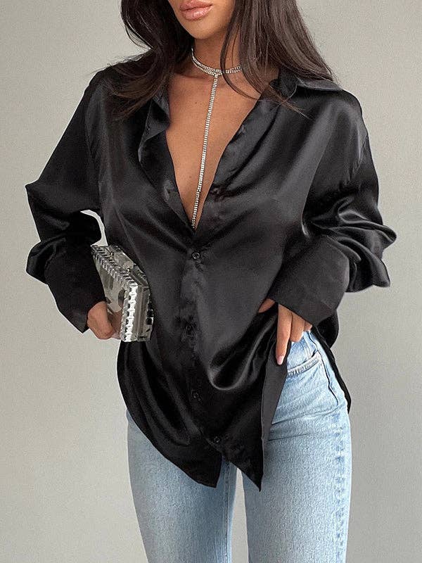UZ Wholesale Store - Wholesale Button Down Shirt - Women's - Long Sleeves Loose Buttoned Shiny Solid Color Lapel Blouses&Shirts Tops1