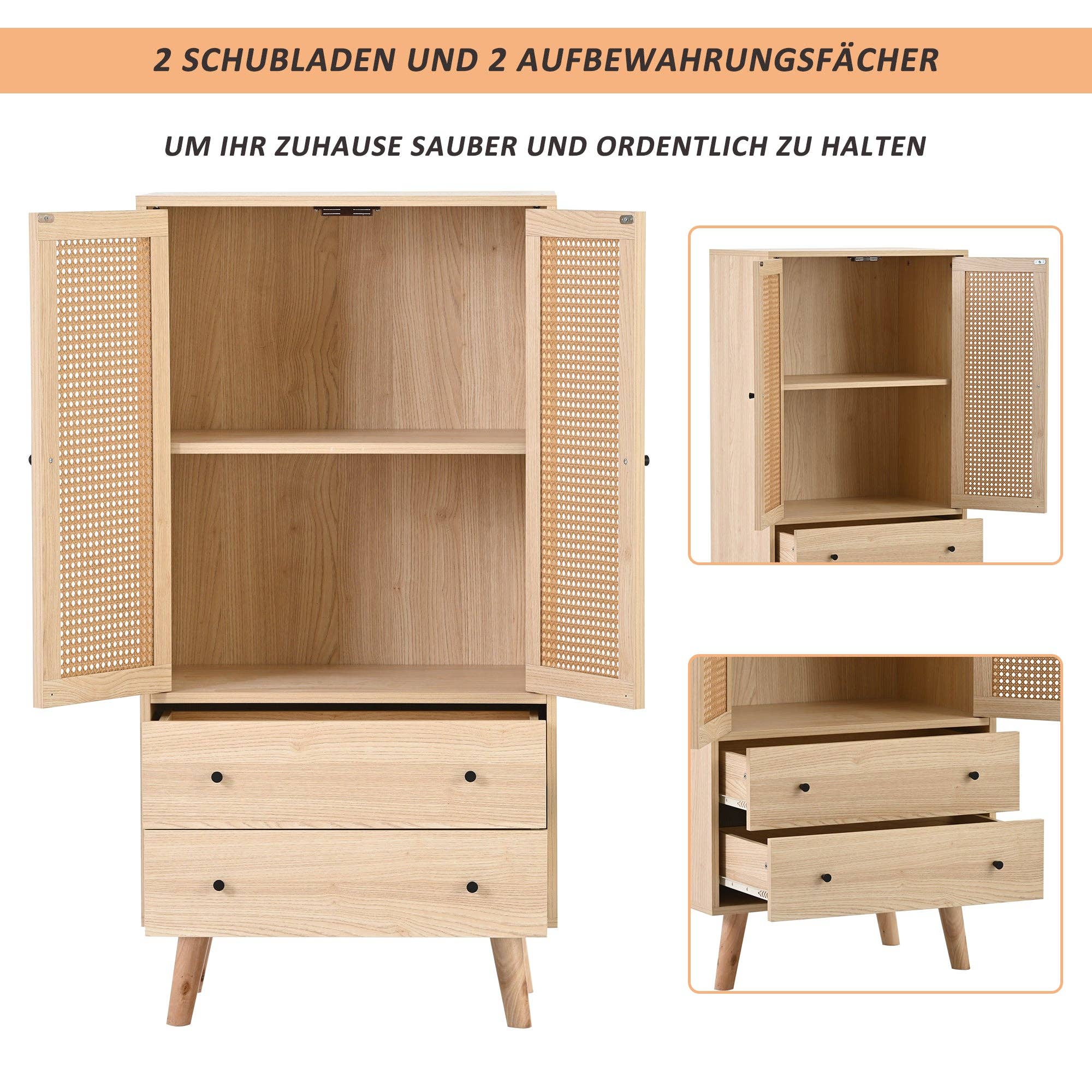 Urban Meuble - Wholesale Cabinet - Wood-effect sideboard with rattan doors and 2 drawers, solid wood legs FENMUCK9