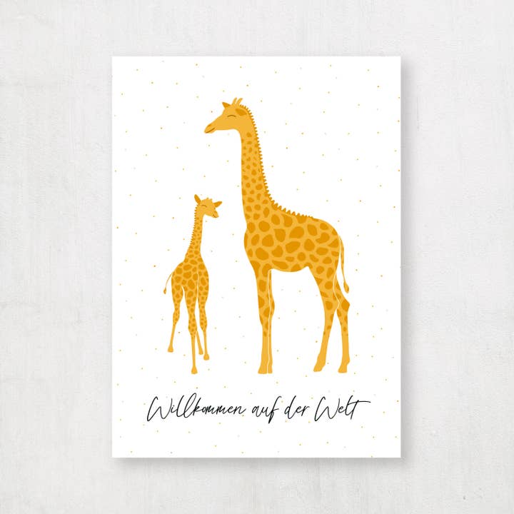 Postkarte Giraffe Baby "Willkommen auf der Welt" für den Großhandel von Emma Plitt Design