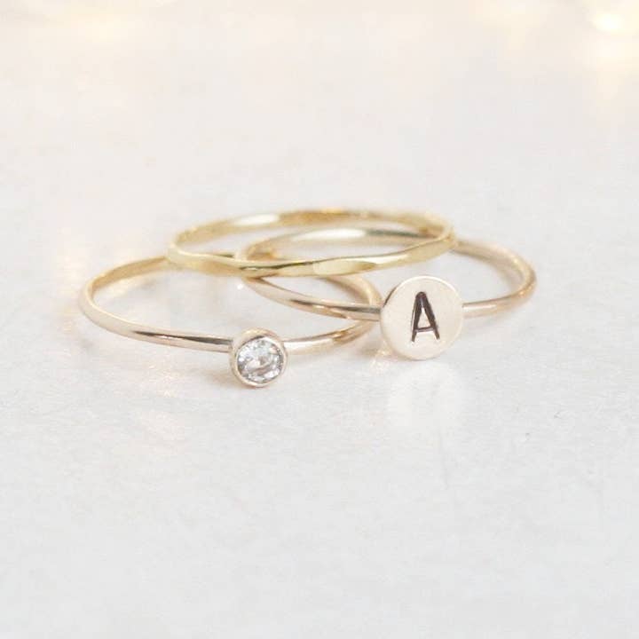 Personalized Gold Stacking Ring Set, Initial & Diamond for wholesale by Meadowbelle