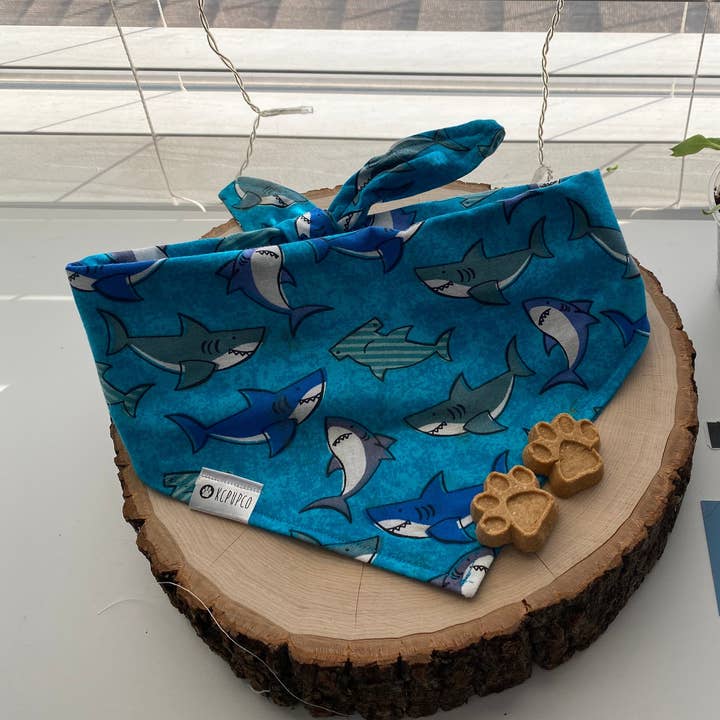 Teefs! Bandana | Smiling Sharks on Blue Cotton Tie On Bandana for wholesale by kcpupco