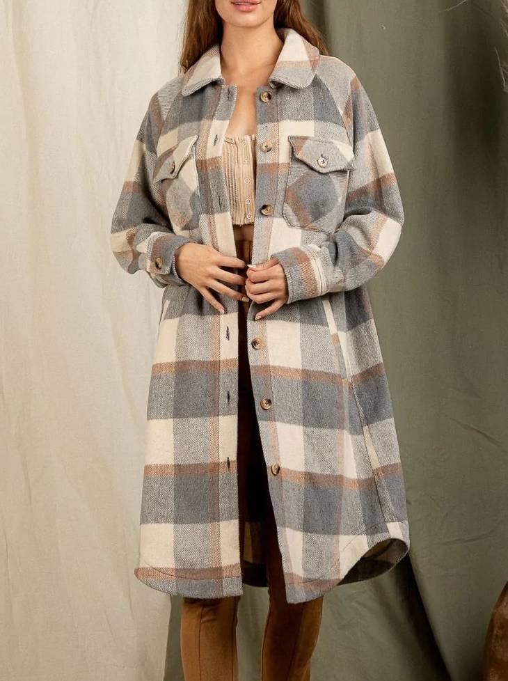 HIDDENBRAND - Wholesale Shirt Jacket/Shacket - Women's - Long Plaid Jacket With Large Lapel Pockets4