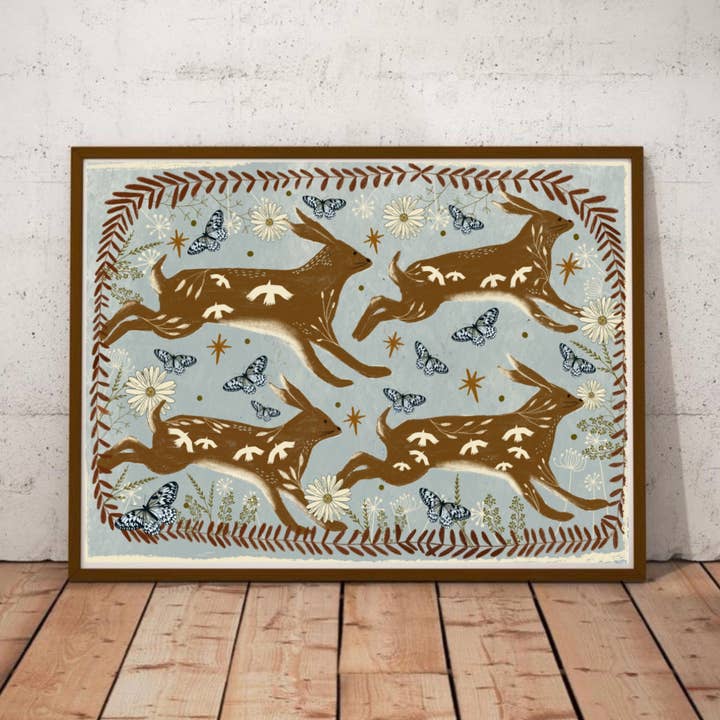 Carole Hillman - Wholesale Art Print - Hares in spring print2
