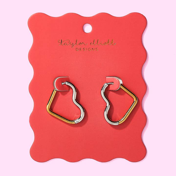 Huggie Earrings - Two-Tone Gold + Silver Hearts - Florence for wholesale by Taylor Elliott Designs