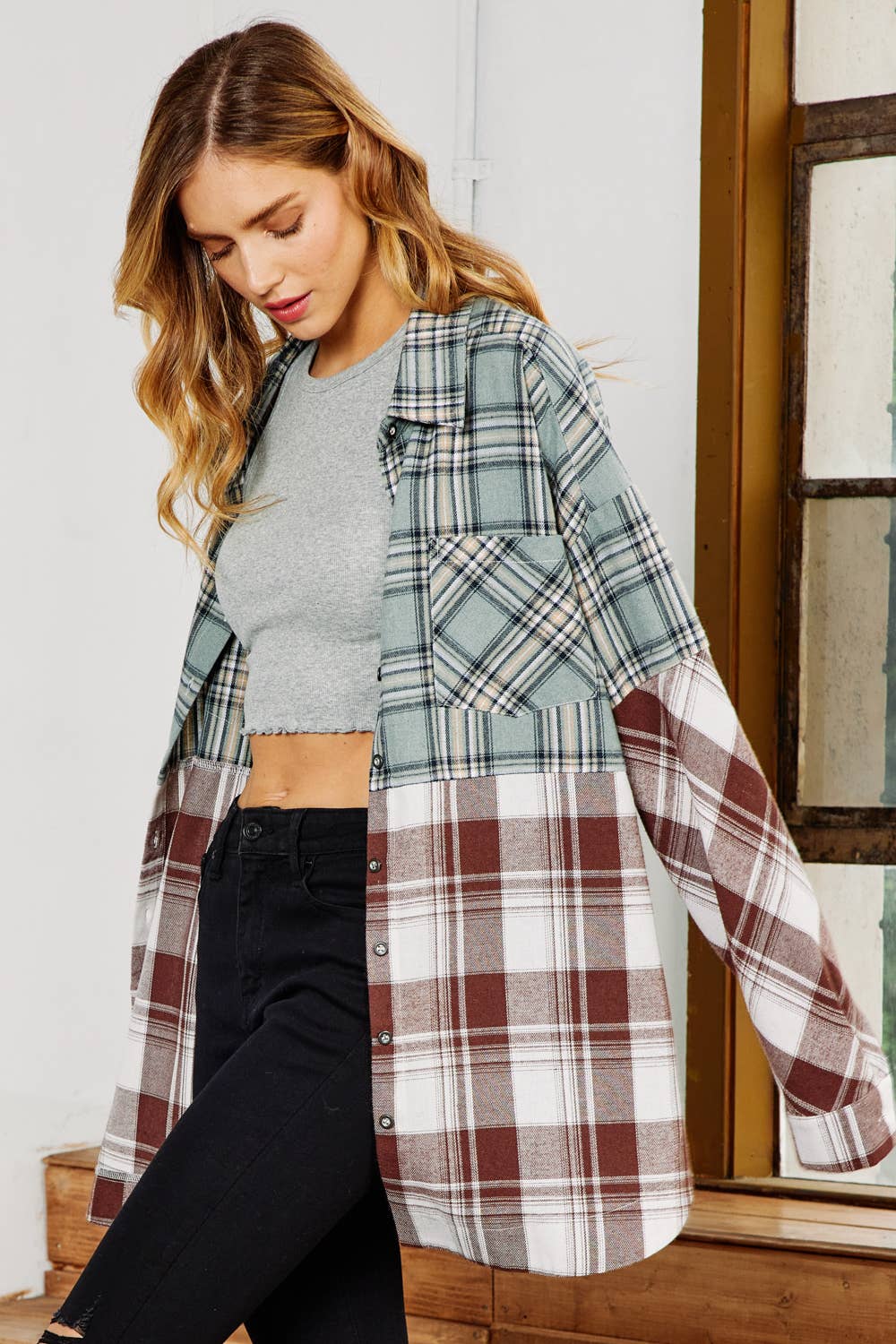 FSL Apparel - Wholesale Button Down Shirt - Women's - IJ1059 - MIXED PLAID  BUTTON DOWN OVERSIZED SHIRT10