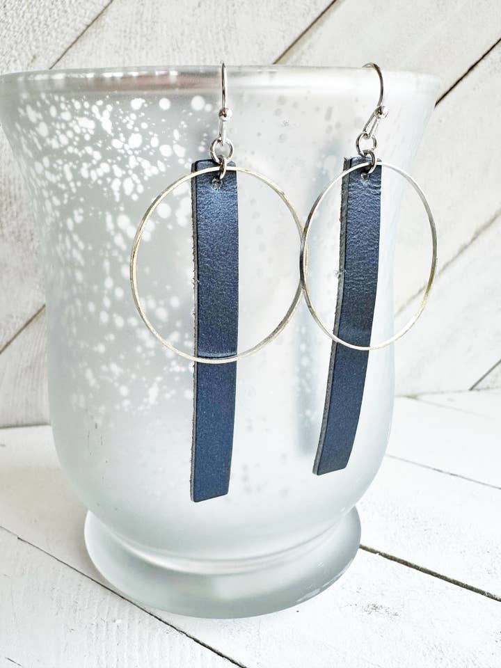 Silver + Navy Blue - Leather Bar + Metal Circle Earrings for wholesale by Boho By Design