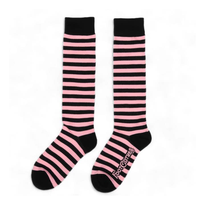 FootClothes LLC - Wholesale Socks - Unisex - Bubblegum and Black Stripes Knee High Socks