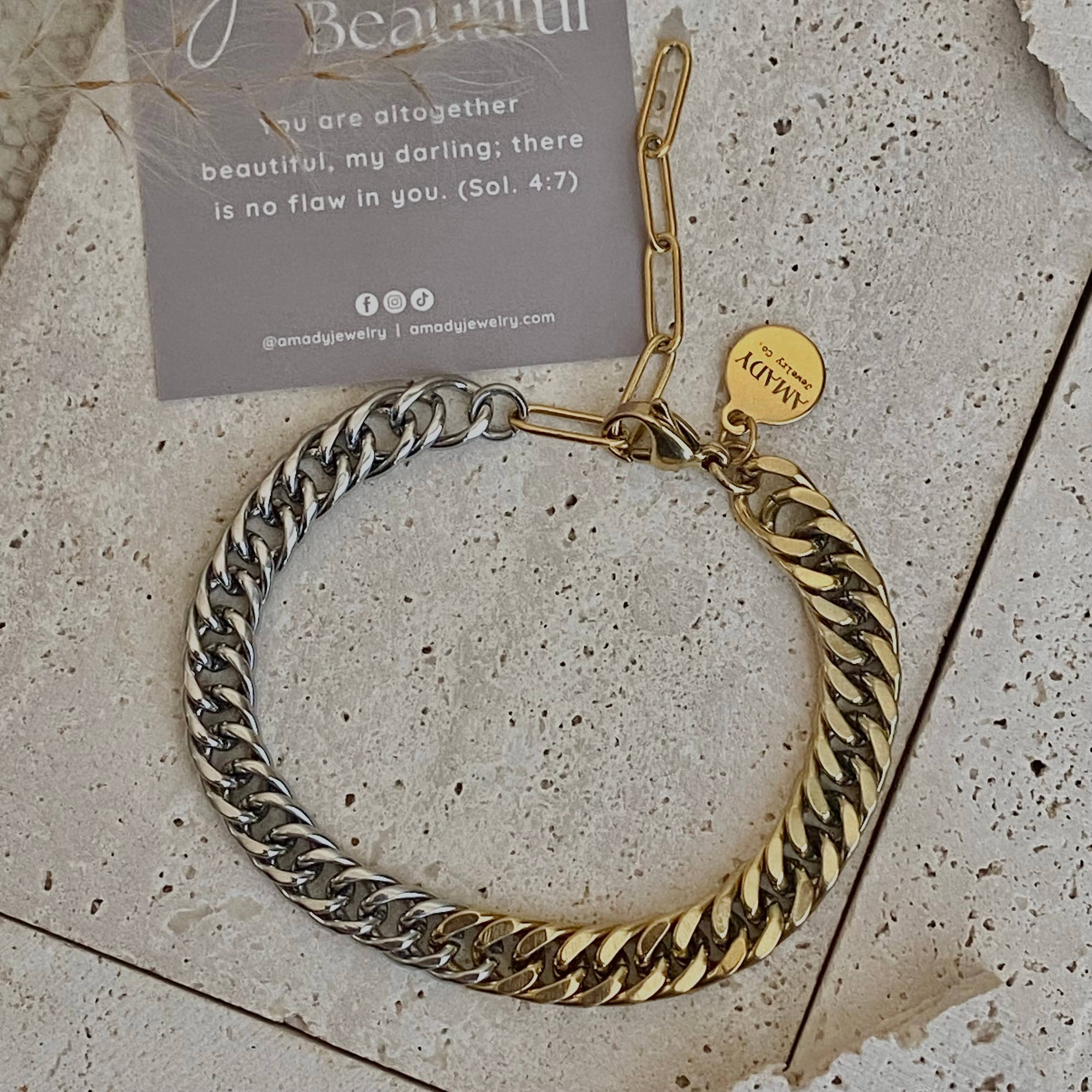 Amady Jewelry - Vente Bracelets maillon et chaîne - Bracelet chaîne superposé Ombré Double Deux Tons Or Argent4