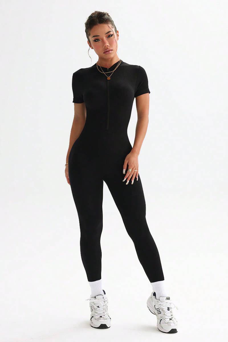 Color 5 - Wholesale Jumpsuit - Dames - Premium naadloos geribd jumpsuit met korte mouwen en ritssluiting aan de voorkant6