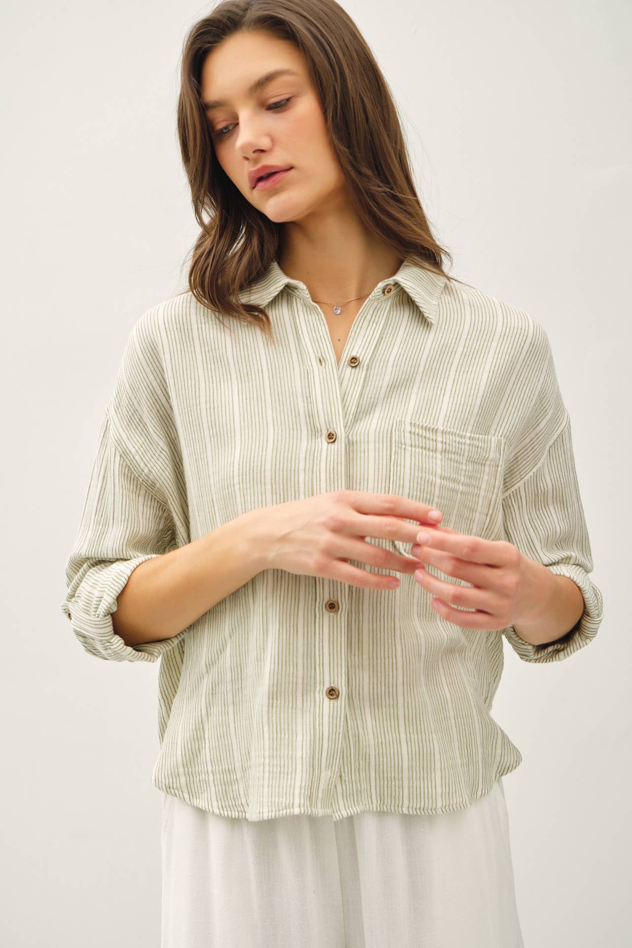 Be Cool - Wholesale Button Down Shirt - Women's - STRIPED, COTTON GAUZE BUTTON UP TOP6