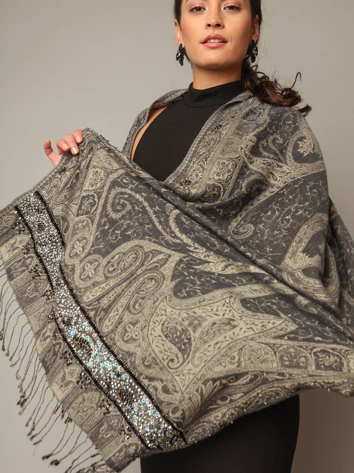 Bufanda de lana y seda Ikat bordada a mano con flecos largos para venta al por mayor de SAACHI