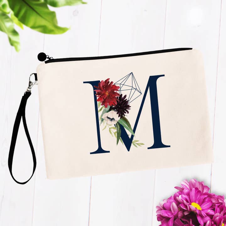 Trousses de maquillage à monogramme floral bleu marine pour la vente par SheMugs