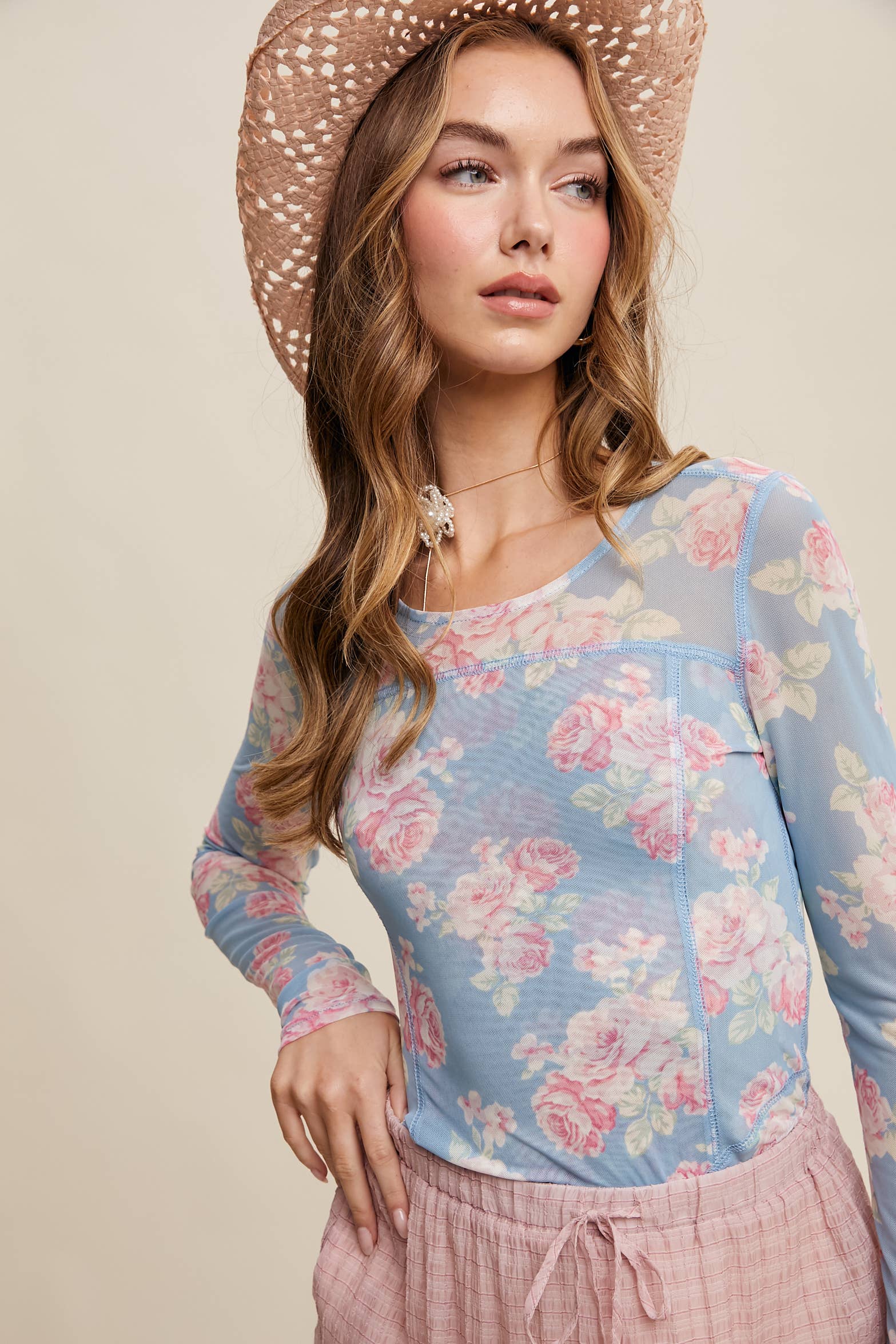 Listicle - Wholesale T-Shirt - Women's - Floral Mesh Long Sleeve Layering Top1