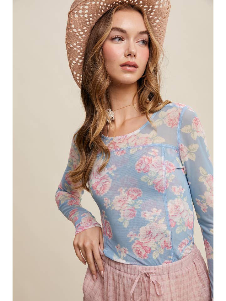 Listicle - Wholesale T-Shirt - Women's - Floral Mesh Long Sleeve Layering Top1