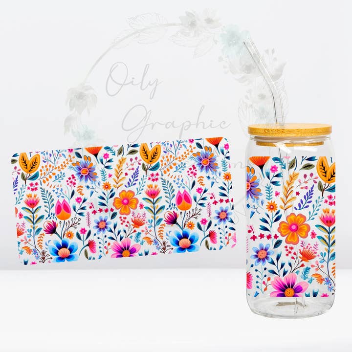 Oily Graphic Creations - Vente Transfert pour sublimation - Fleurs colorées - Enveloppe UV DTF 16 oz