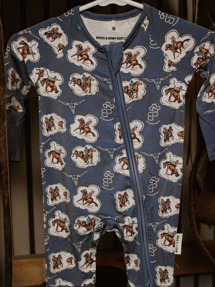 Roped & Branded Denim Infant Sleeper for wholesale by Boots & Bows Baby Co