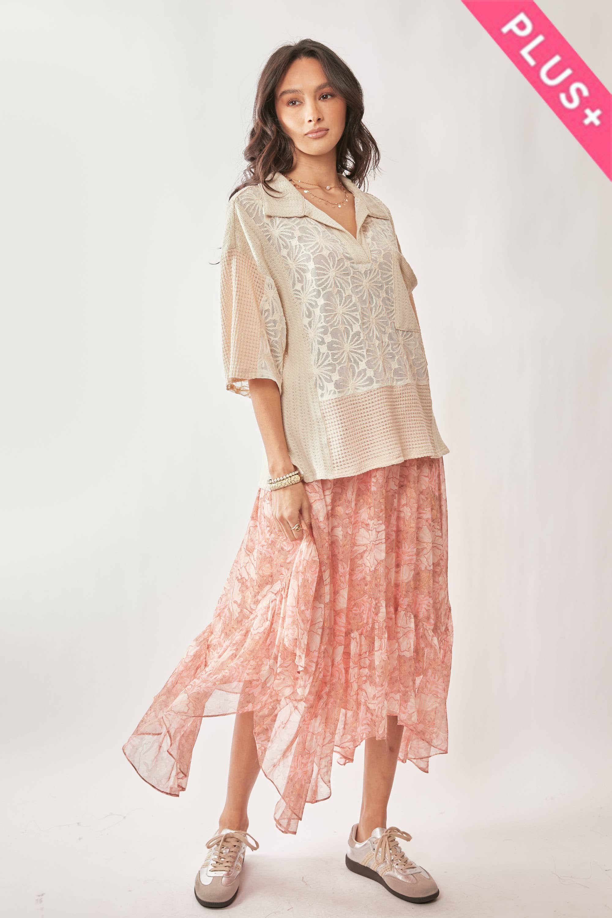 Cream Beige PLUS LACE MIXTURE COLLAR NECK SHORT SLEEVE TOP for wholesale on Faire5