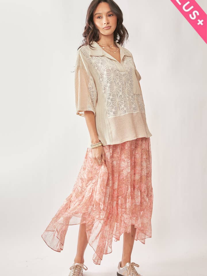 Cream Beige PLUS LACE MIXTURE COLLAR NECK SHORT SLEEVE TOP for wholesale on Faire5