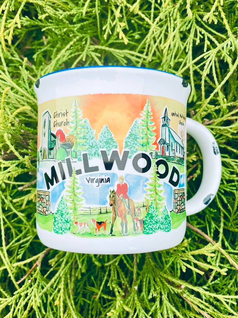 Sweetgum Studio - Wholesale Coffee Mug - Stoneware Distressed Mug with Blue Trim 14 oz.24