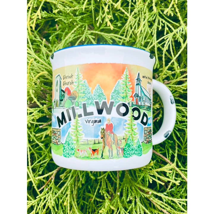 Sweetgum Studio - Wholesale Coffee Mug - Stoneware Distressed Mug with Blue Trim 14 oz.24