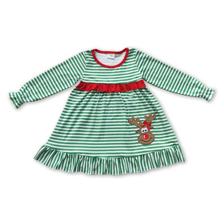 Reindeer green stripe long sleeves baby girls Christmas nigh for wholesale by Yawoo Garments