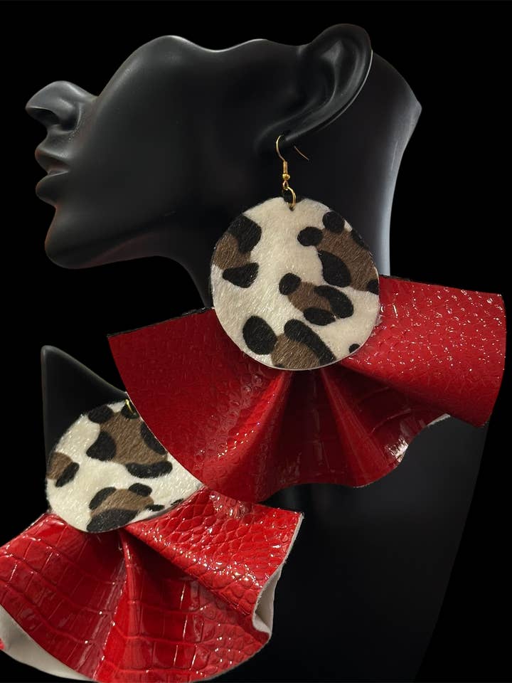 Red Faux Leather Leopard Fur Ruffle Earrings - Hook Closure for wholesale by Designed By Risha