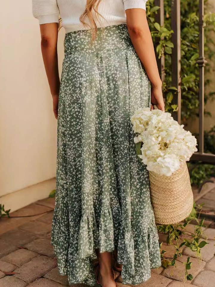 GREEN Floral Wrap-Tie Rayon Midi Skirt for wholesale on Faire3