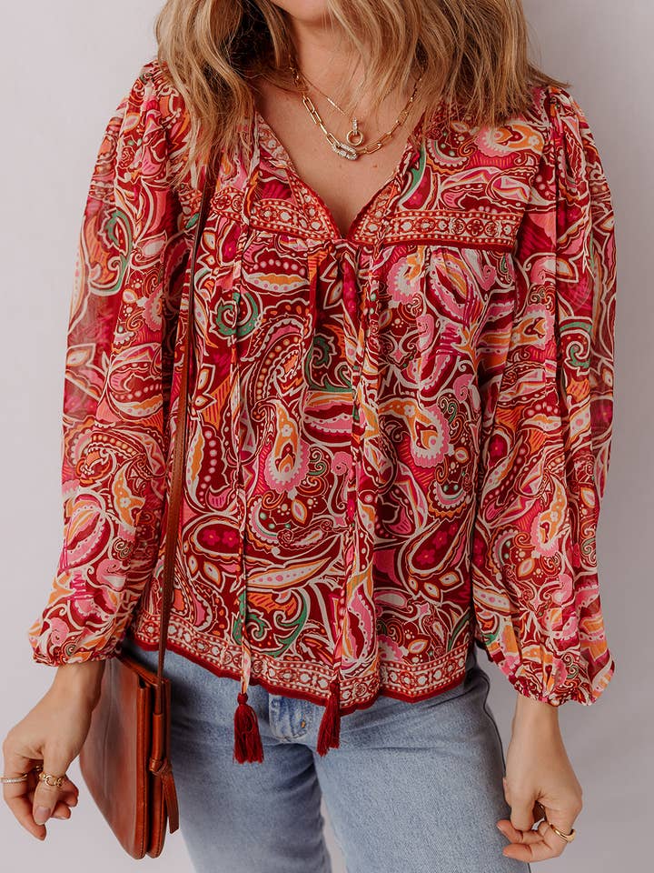 Ethnic Paisley Print Tassel Tie Puff Sleeve Boho Blouse for wholesale by 1 the Woman