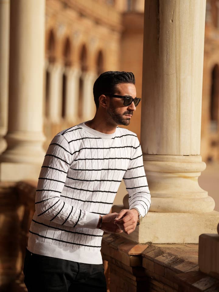 DONATO - Wholesale Knit Sweater - Men's - RAYAS WHITE&BLACK3